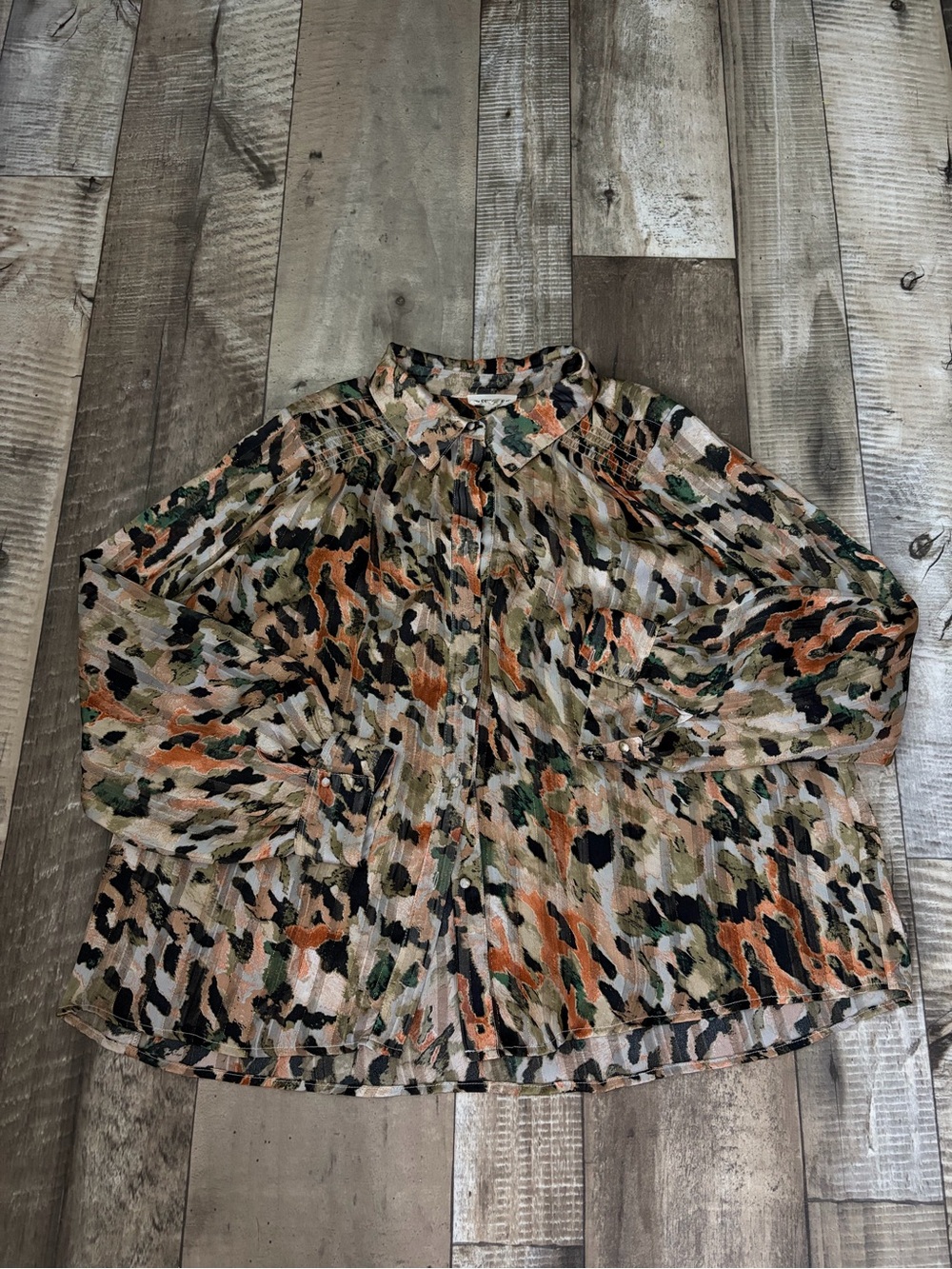 eesome Abstract Camo-Print Button Front Blouse - Green, Orange, Black